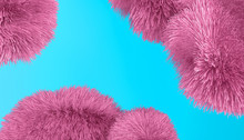 Bright Funny Children's Background. Pink Fluffy Balls On A Blue Background. 3D Rendering.
