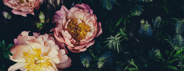 Wall Mural - vintage bouquet of peonies on black. floristic decoration. floral background. baroque old fashiones 