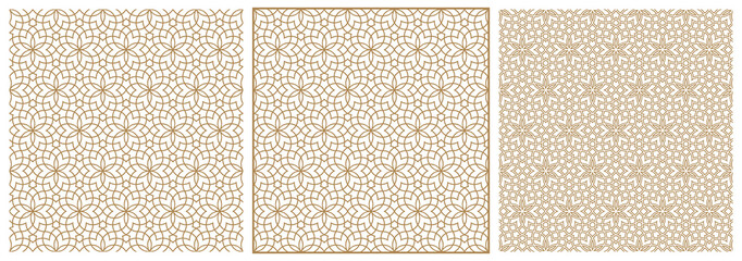 Seamless arabic geometric ornament in three versions.Brown color lines on white background.