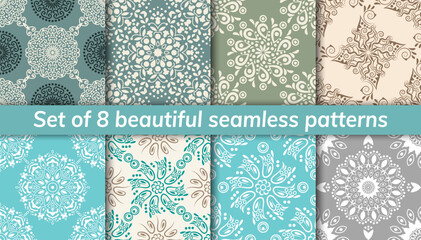 Pattern set arabic, indian, japanese, islamic motifs. Collection of 8 patterns. Mandala seamless pattern.
