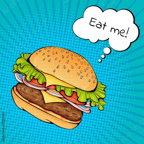 Dekoracja na wymiar  burger-z-serem-i-dymek-z-napisem-zjedz-mnie-wektor-jasny-kolor