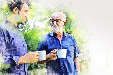 abstract colorful family time dad and son talking discussion lifestyle in garden home on watercolor 