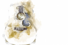 Abstract Colorful Acoustic Guitar On Watercolor Illustration Painting Background.