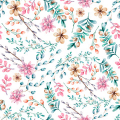 Wall Mural - Seamless floral pattern, spring background. Hand drawn watercolor illustratio pattern design with flowers and floral.