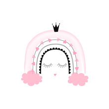Princess Rainbow With Crown, Eyelashes And Clouds Illustration. Pastel Candy Pink Digital Watercolor Bow Decorative Doodle Isolated On White Background. Whimsical Childish Drawing For Baby Girl Party