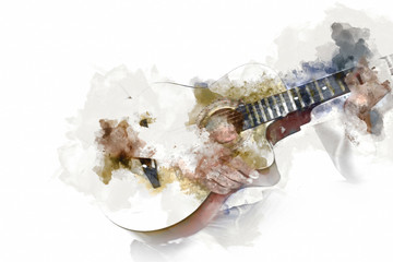 Abstract beautiful man guitarist playing acoustic guitar in the foreground on Watercolor painting background and Digital illustration brush to art.