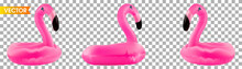 Flamingo Collection Inflatable Set Toys. Tropical Pink Realistic Bird Isolated On White Background. Float Flamingo.