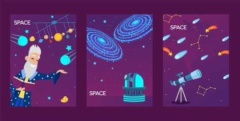 Wall Mural - Astronomy banners, vector illustration. Space research station, observatory telescope. Old astronomer cartoon character, flat style icons of stars, satellite, comet and meteor. Astronomy for children
