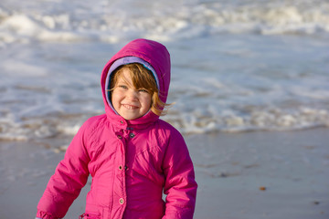 Wall Mural - Portrait of a pretty little girl walking on the beach with her little dog