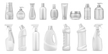 Realistic Dispenser. Cosmetic Containers And White Blank Cleaner Bottles, 3D Isolated Toilet And Bath Household Chemicals. Vector Blank Bottle Set For Detergents Or Cosmetic Product