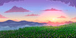 Vector spring landscape background. Mountains and flowering meadows at sunset.