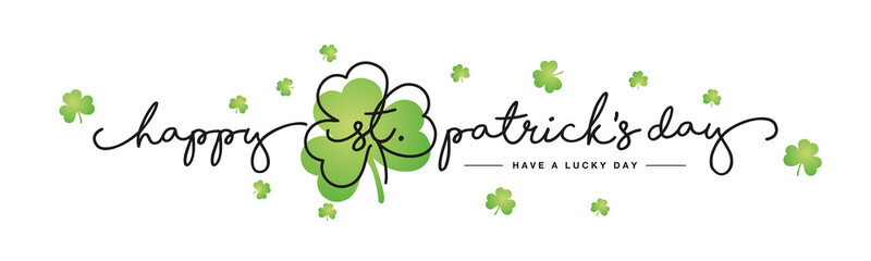 Happy St Patrick's Day handwritten typography lettering line design clover green clovers Saint Patrick holiday isolated white background banner