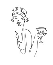 Flapper Girl From 20s Black And White Vector Illustration. Woman With Cocktail, Wineglass, Martini.  One Continuous Line Drawing Of Flapper Girl Portrait. 