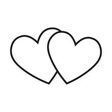 Line Art Black And White Pair Of Loving Hearts. Happy Marriage Symbol. St. Valentine Day Themed Illustration For Icon, Stamp, Label, Badge, Certificate, Gift Card, Poster Or Banner Decoration