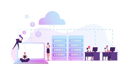 Intranet Private Network of Computers in Organization with Own Server and Firewall. Business Team Managers Characters Using Corporate Communication System in Office. Cartoon Flat Vector Illustration