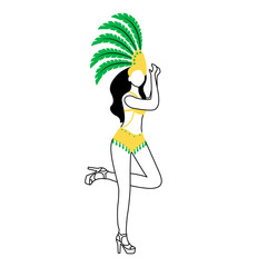 Poster - Brazilian carnival performer flat silhouette vector illustration. Female in bikini 2D isolated outline character on white background. Traditional wear. Woman in crown with plumage simple style drawing
