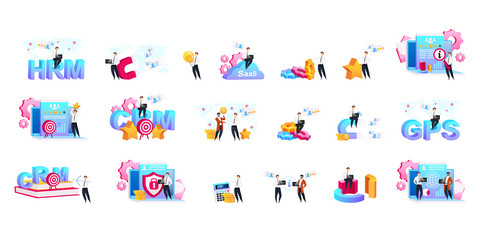 Poster - CRM flat concept vector illustrations set. Processes automation metaphors. Business optimization. Data analyzing. Client service improvement. Customer relationship management 2D cartoon characters