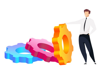Poster - Man with cogwheels flat concept vector illustration. Service improvement 2D cartoon character for web design. Software settings. Smiling male in official wear creative idea