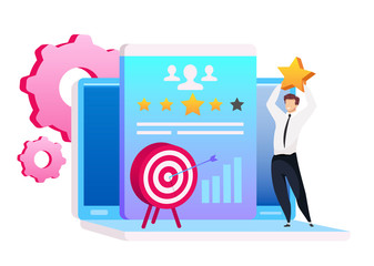 Poster - Man holding star flat concept vector illustration. Marketing automation 2D cartoon character for web design. Lead management. Arrow in target. Customer relationship management creative idea