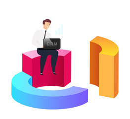 Poster - Improved analytical data flat concept vector illustration. Smiling man sitting on diagram 2D cartoon character for web design. Businessman keeps laptop. Customer relationship management creative idea