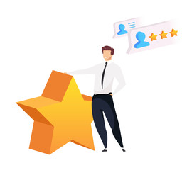 Poster - Businessman with big star flat concept vector illustration. Happy customer 2D cartoon character for web design. Good reviews. Smiling caucasian man. High rating. Client service creative idea