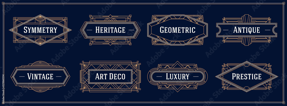 Art deco style line border and frames, decorative geometric golden label vector graphic elements on a dark background - obrazy, fototapety, plakaty 