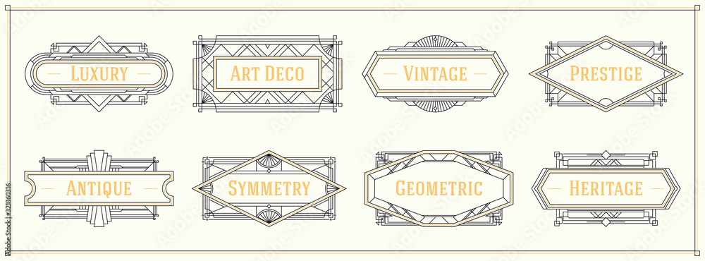 Art deco style line border and frames, decorative geometric ornament set label vintage vector design graphic elements - obrazy, fototapety, plakaty 