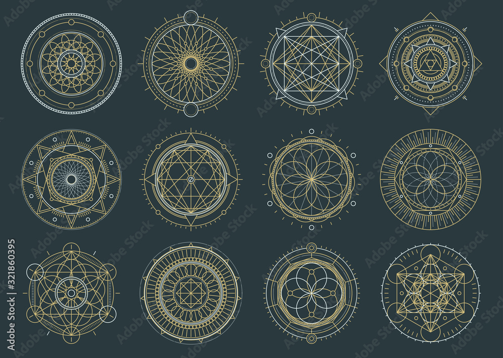 Vector set of sacred geometric figures, dreamcatcher and mystic symbols, alchemical and spiritual signs - obrazy, fototapety, plakaty 