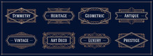 Art Deco Style Line Border And Frames, Decorative Geometric Golden Label Vector Graphic Elements On A Dark Background
