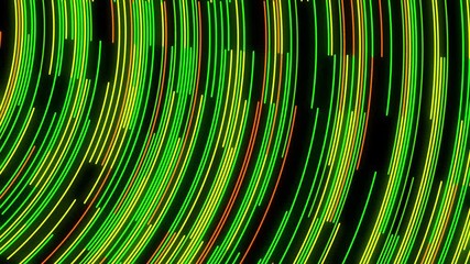 Poster - Green neon stream with striped creative texture. Animation. Abstract bending narrow neon lines flowing on black background, seamless loop.