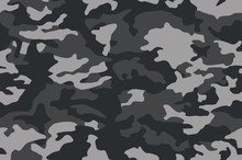 Camouflage Pattern Background. Classic Clothing Style Masking Camo Repeat Print. Black Grey White Colors  Texture. Vector 