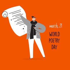 World poetry day, march 21. Vector illustration of man reciting a poem. Poster, greeting card concept.