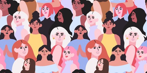 Vector illustration of diverse beautiful strong women that are fighting for equality and rights. International women day seampless pattern for wrapping, textile, fabric, wallpaper and other decor.