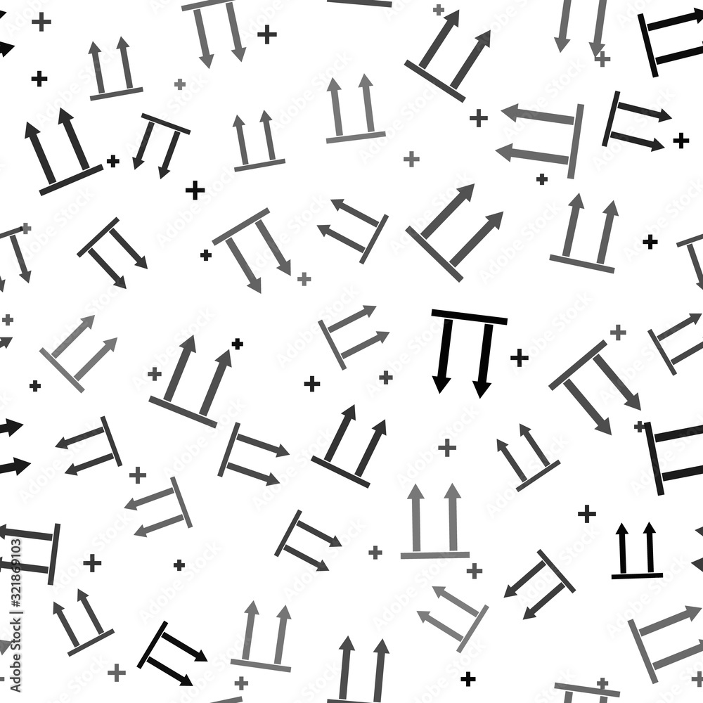 Black This side up icon isolated seamless pattern on white background. Two arrows indicating top side of packaging. Cargo handled so these arrows always point up. Vector Illustration