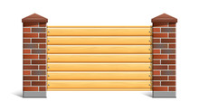 Fence With Brick Pillars And Wood. Vector Eps10