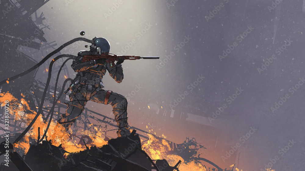 the futuristic soldier aiming his gun at the enemy against the battlefield background, digital art style, illustration painting - obrazy, fototapety, plakaty 