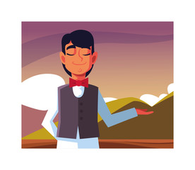 Sticker - man waiter with uniform over background landscape