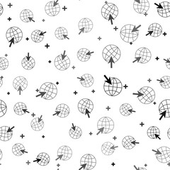 Poster - Black Go To Web icon isolated seamless pattern on white background. Globe and cursor. Website pictogram. World wide web symbol. Vector Illustration