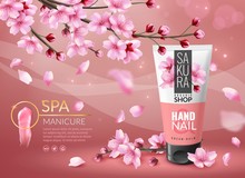 Sakura Cosmetic. Cherry Blossom Sakura Branches With Pink Petals Cosmetics Ad, Cream Or Perfume Bottle Promotional Poster Vector Template