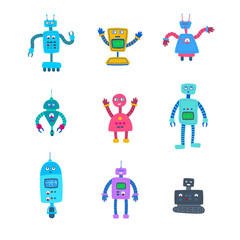 Canvas Print - Cartoon Color Different Robot Characters Icon Set. Vector