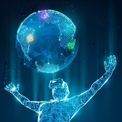 Wall Mural - vr headset holographic low poly wireframe vector banner. polygonal man wearing virtual reality glass