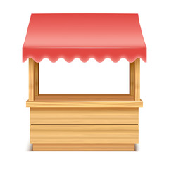 Wall Mural - Realistic Detailed 3d Empty Wooden Market Stall with Red Roof Awning. Vector