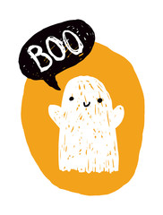 Wall Mural - Funny Hand Drawn Halloween Vector Illustration with Cute White Little Ghost and Black Bubble Speech with Handwritten Boo. Orange Irregular Frame on a White Background. Infantile Style Halloween Print.