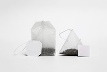 Close-up Of Tea Bags Mock Up With Label Isolated On White Background.Disposable Tea Bag.High Resolution Photo.