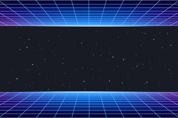 Futuristic galaxy background with neon laser grid. Abstract night sky with stars and glow. Wallpaper for hackathon, vaporwave and retrowave party, music poster. Illustration in retro cosmic style