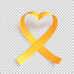 Realistic gold ribbon heart shaped. World childhood cancer symbol 15th of february, vector illustration. Template for poster for cancer awareness month in september.