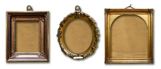 Set of three vintage golden baroque wooden frames on  isolated background