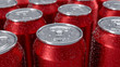 3D image of red aluminium cold cans staying in the group with water droplets. With blurred background