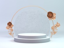 3d Render Classic White And Gold Podium For Cosmetic Or Any Object Decorate With Flower Ring.3d Background Object Display Product.