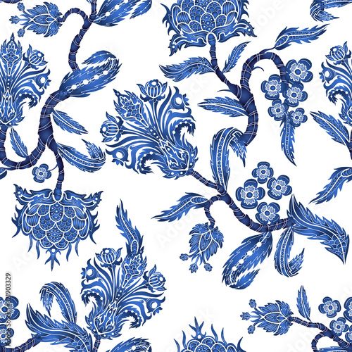 Dekoracja na wymiar  wzor-z-galezi-kwiatow-w-stylu-chinoiserie-japonski-niebieski-nadruk-ceramiczny